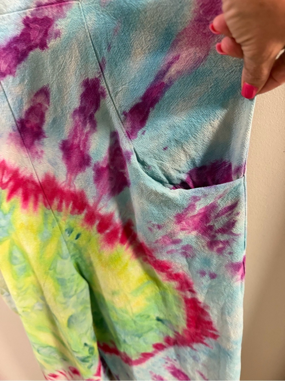 Handmade Hand-dyed Tie-Dye Women's Bohemian Overalls in Blue, Green & Purple - Picture 3 of 5